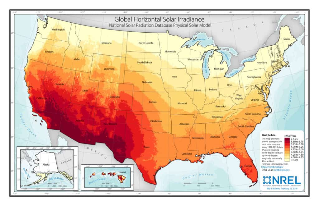 Map of U.S. global horizontal solar irradiance