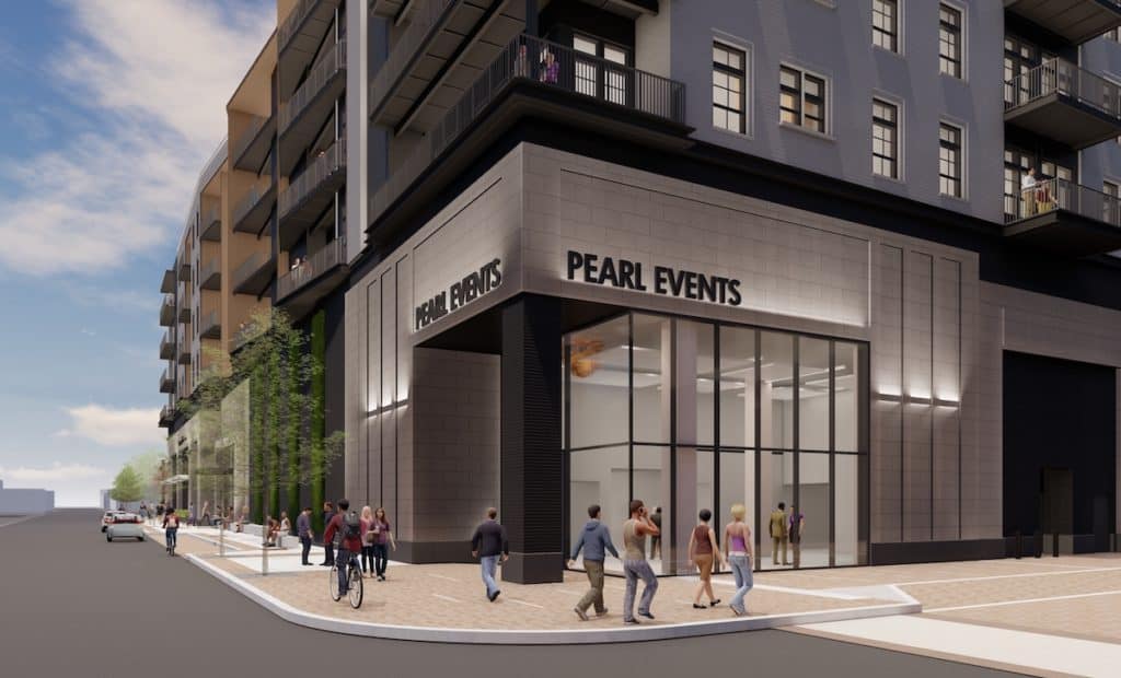 The Pearl mixed-use live-work space and event center. Rendering courtesy Design Collaborative.