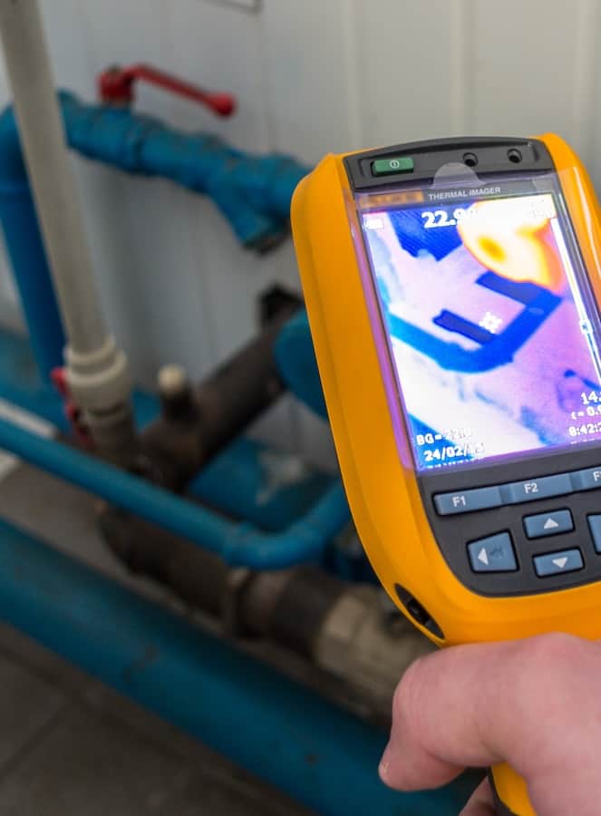 A thermal imaging camera inspects piping during an energy audit.