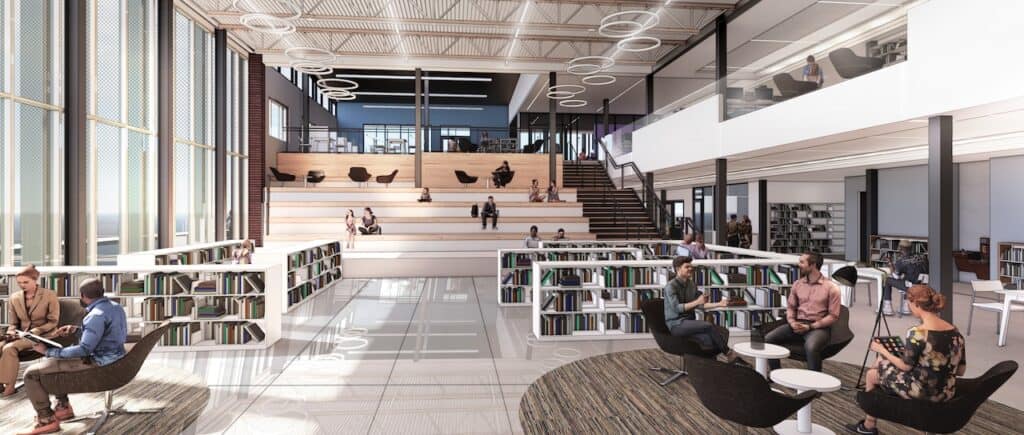 Interior atrium rendering of Westfield's new library
