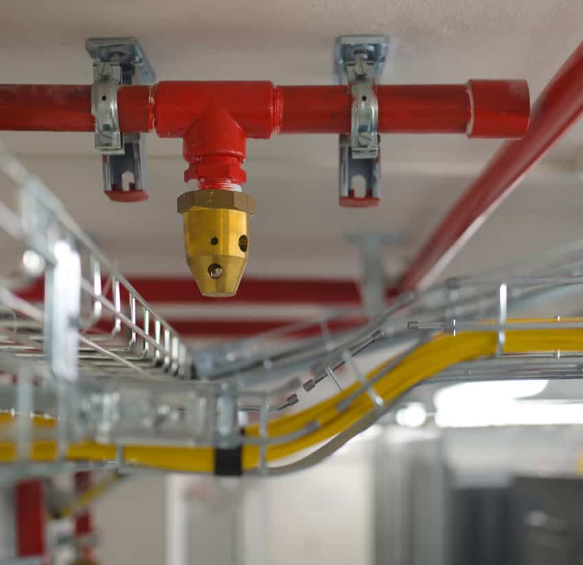 A fire sprinkler head close-up along with corresponding pipes and networking.