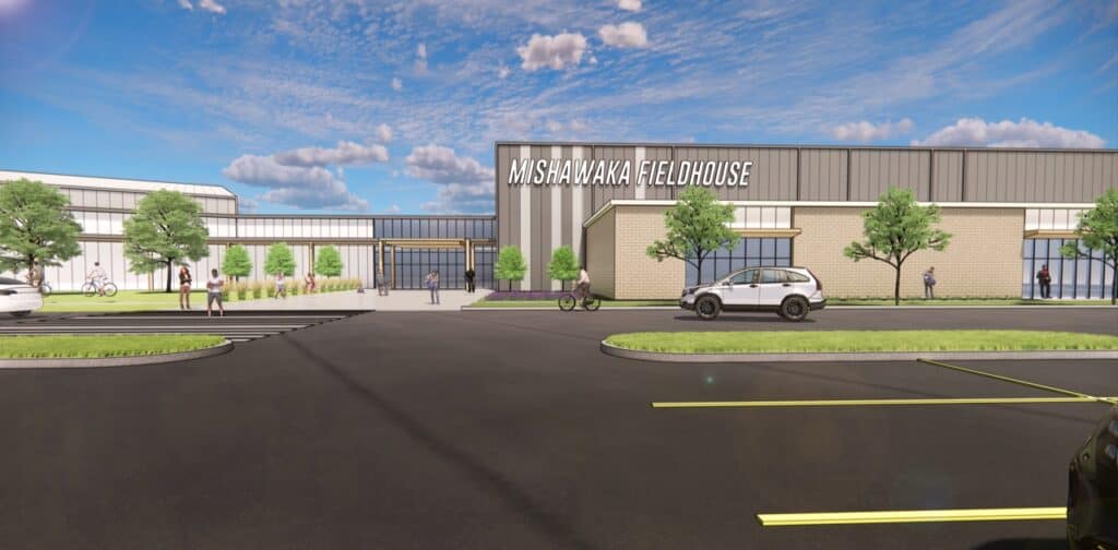 Exterior rendering of Mishawaka Fieldhouse. Rendering courtesy krM architects.