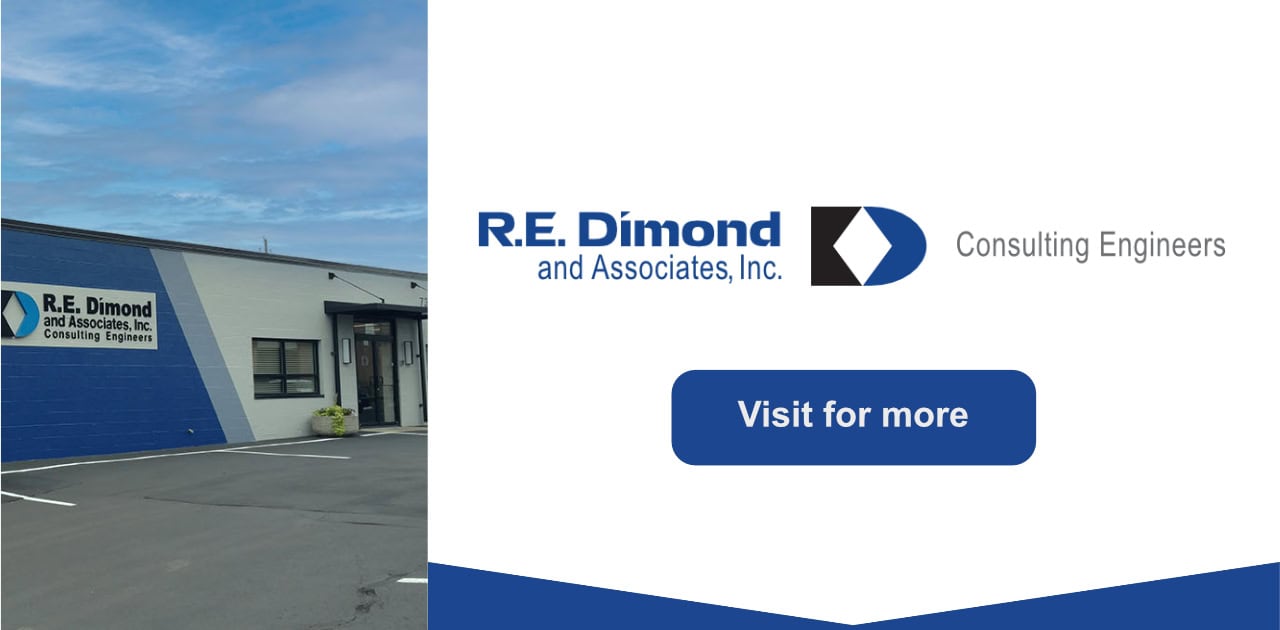 R.E. Dimond and Associates logo on a white background next to a photo of the blue and gray brick building.