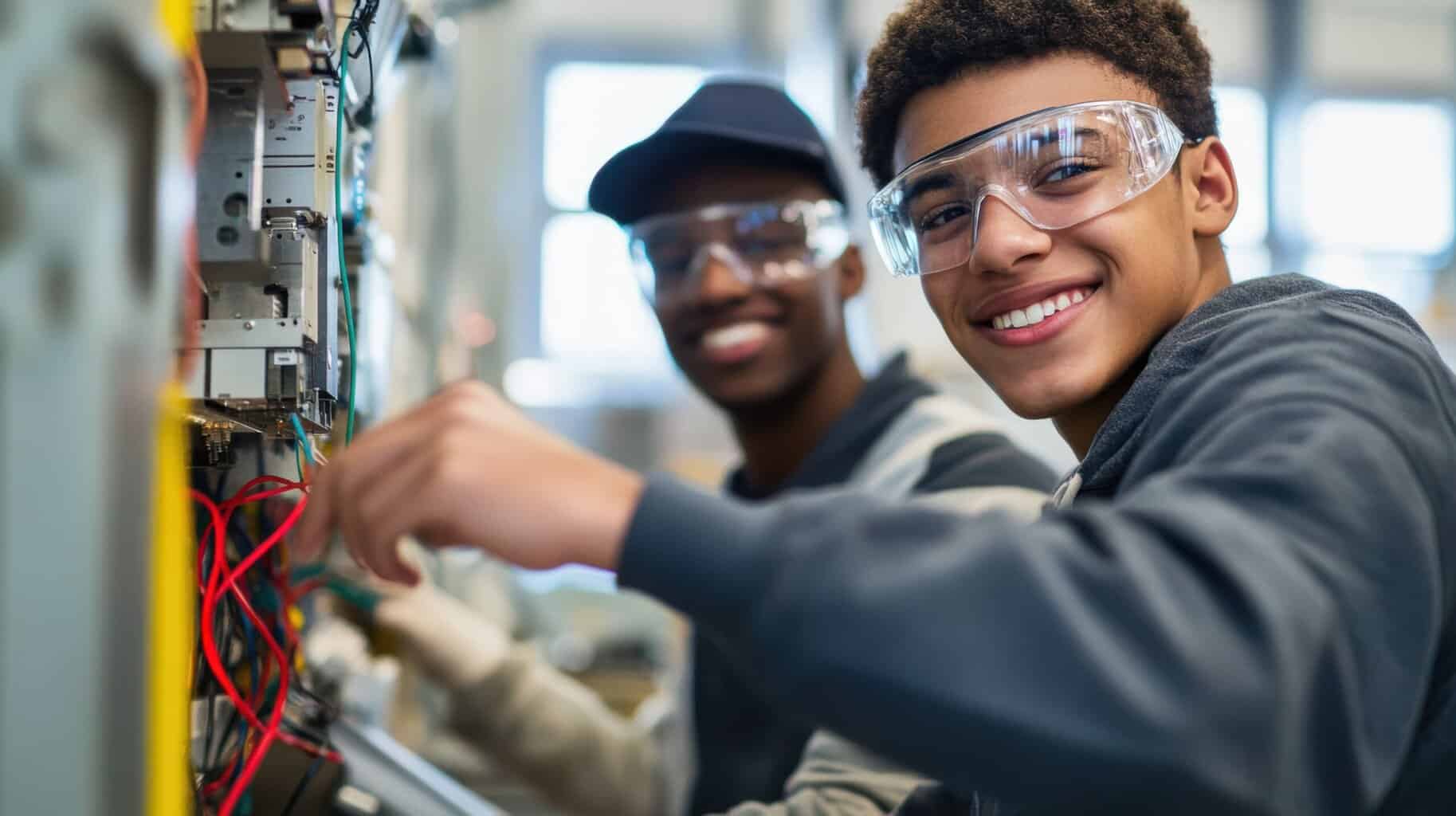 Young technicians working together on electrical equipment, smiling and engaged in hands-on training at a vocational school or workshop for future careers.